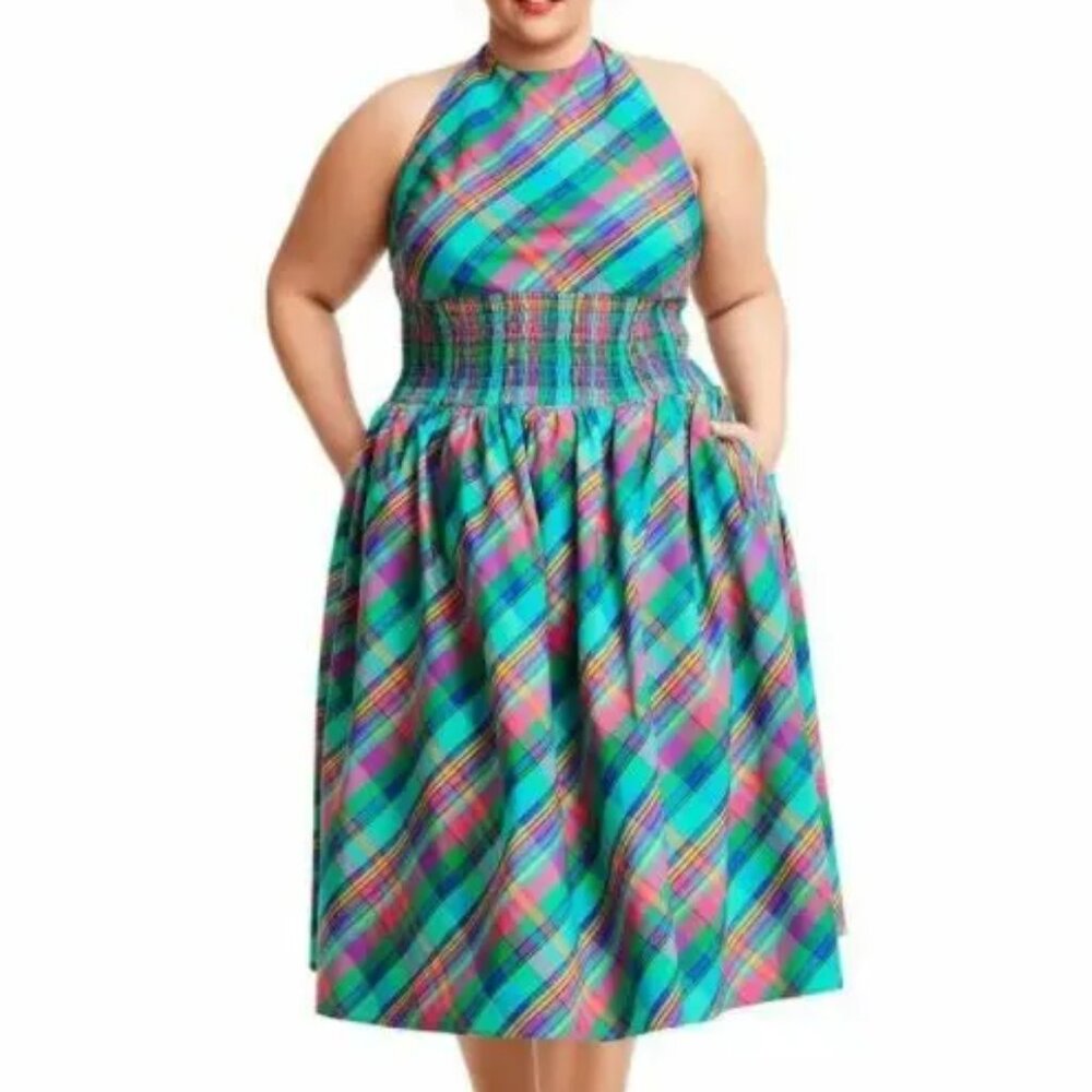 Christopher John Rogers Plaid Halter Dress Smocked Bow Tie